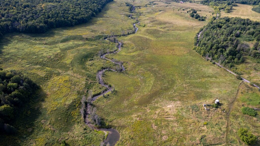 Stunning aerial view of winding river and lush forest in Québec, Canada.